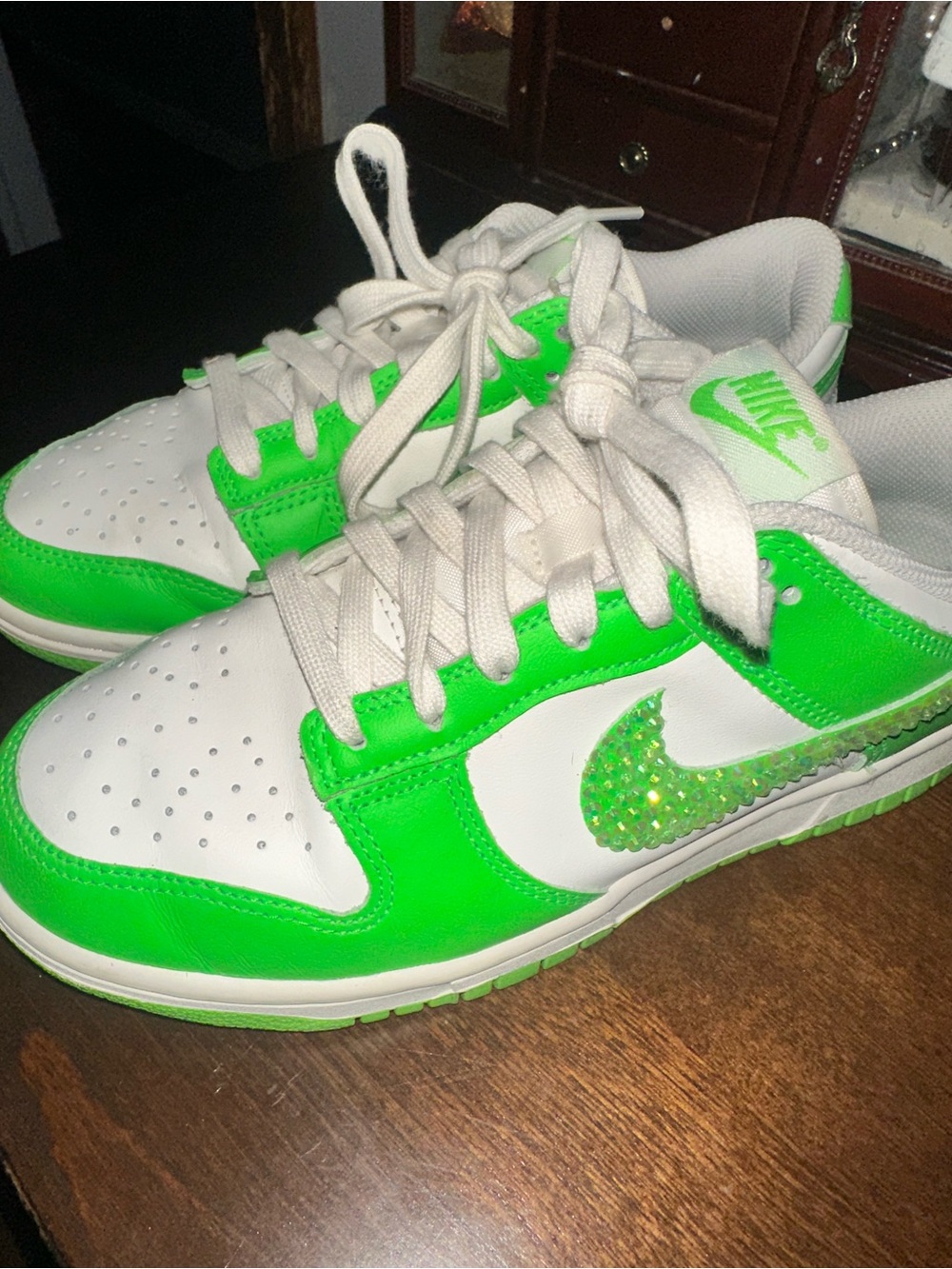 Nike Woman’s White & Neon Green Swoosh Low-Top Sneakers w/gems Sparkle Swoosh